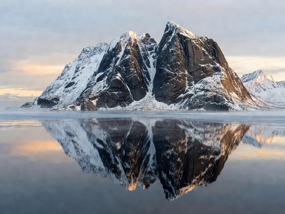 Dramatic granite peaks of Lofoten reflecting on cold arctic ocean straits