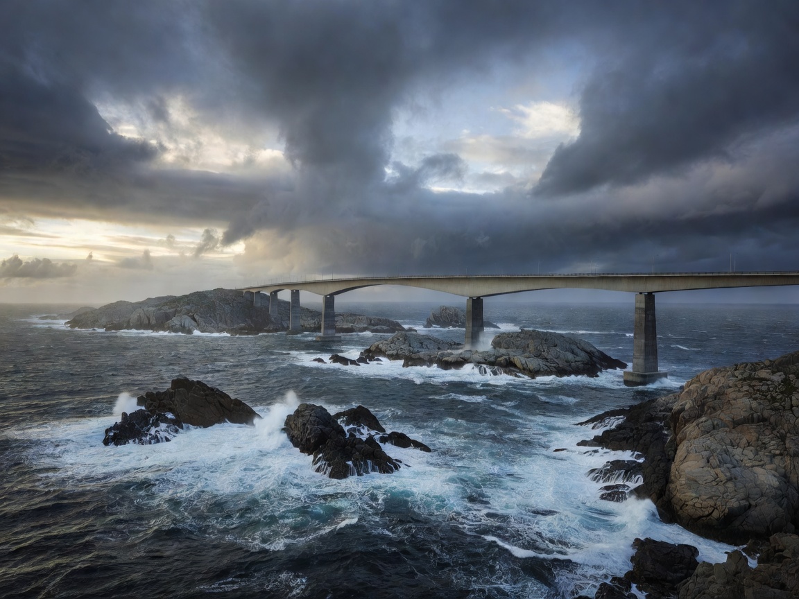 Storseisundet Bridge cantilevered over oceanic breakers on Atlanterhavsvegen