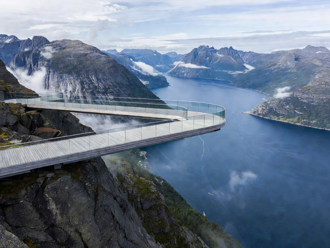 Stegastein viewpoint cantilevered over the glassy waters of Aurlandsfjord